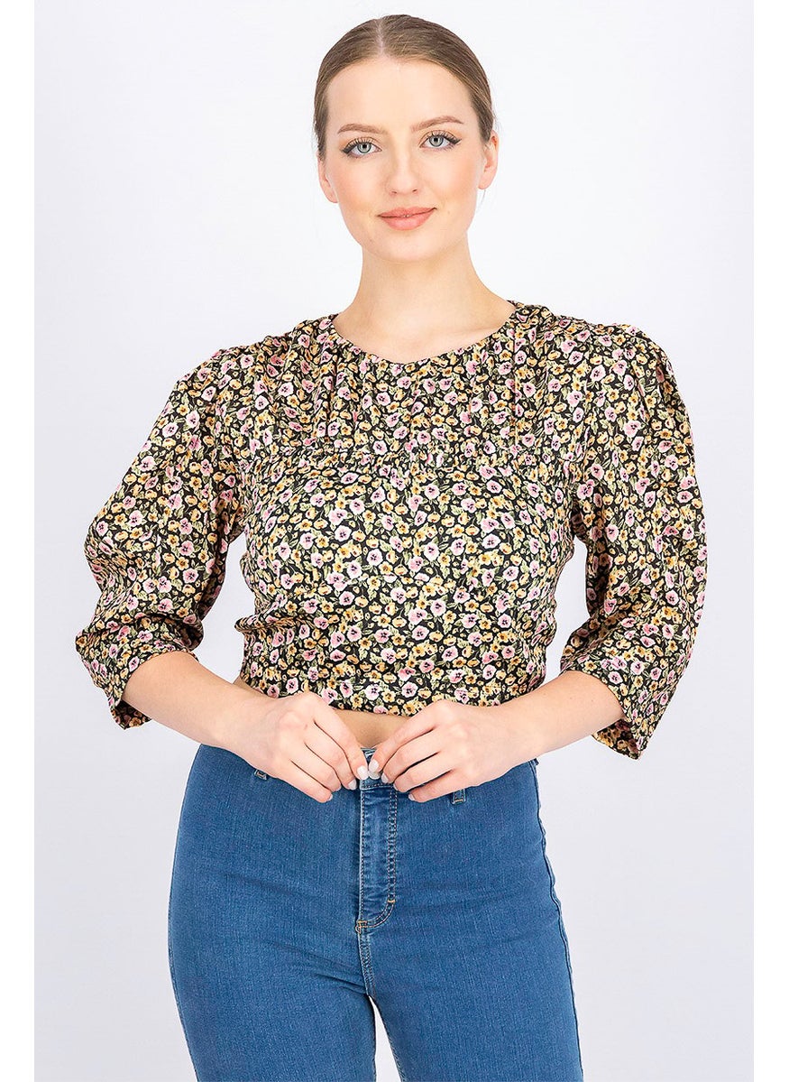 TOPSHOP Women Crew Neck Long Sleeve Floral Printed Blouse, Black Combo  - Image 1