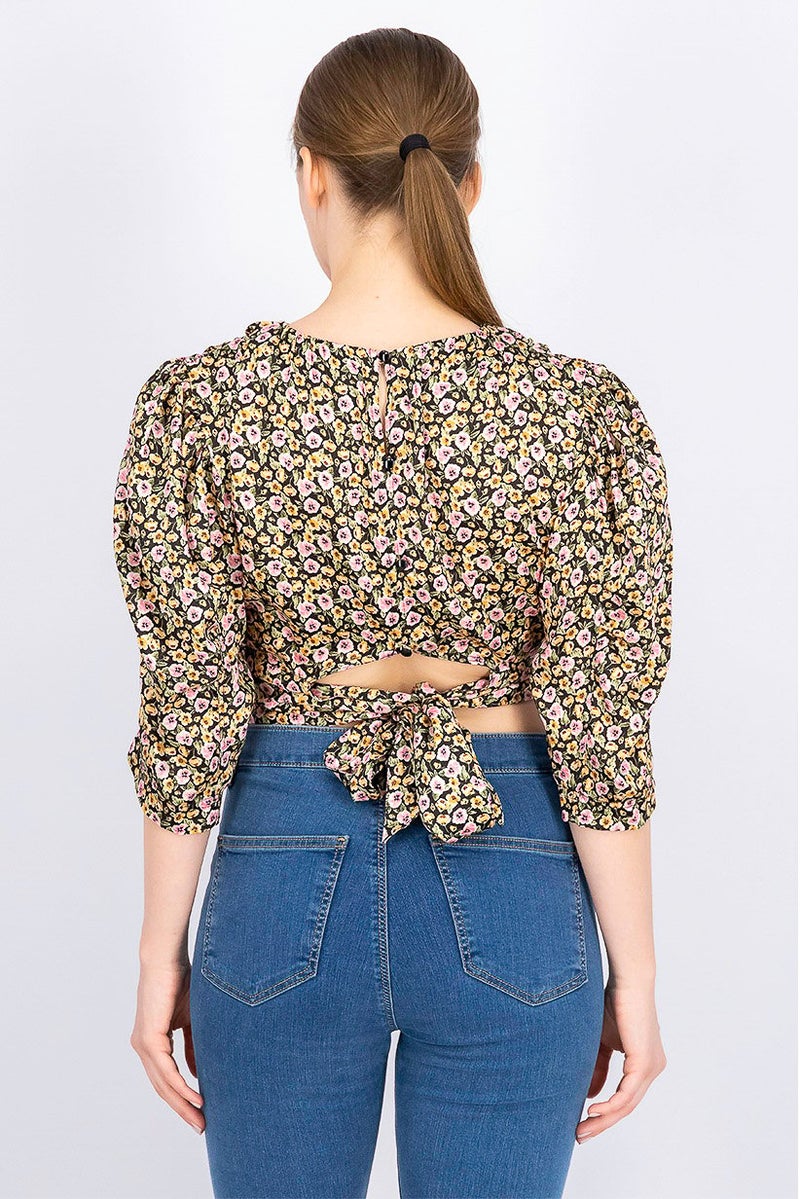 TOPSHOP بلوزة نسائية بأكمام طويلة وياقة دائرية مزينة بطبعة زهور، مجموعة سوداء - Image 2