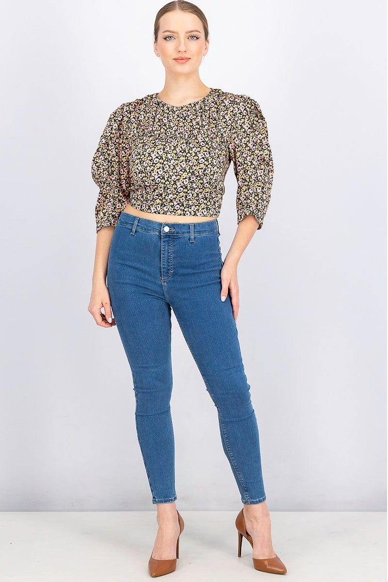 TOPSHOP بلوزة نسائية بأكمام طويلة وياقة دائرية مزينة بطبعة زهور، مجموعة سوداء - Image 4