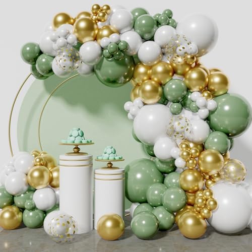 KAWKALSH Sage Green White Gold Balloon Garland Arch Kit 146Pcs Latex Balloons Different Sizes for Birthday Baby Shower Gender Reveal Wedding Party Decoration - Image 1
