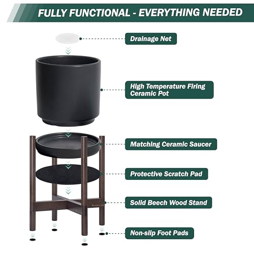 D'vine Dev Ceramic Planter with Walnut Color Stand - 10 Inch Modern Round Flower Pot with Wood Planter Holder, Black, 55-B-X-2 - Image 5