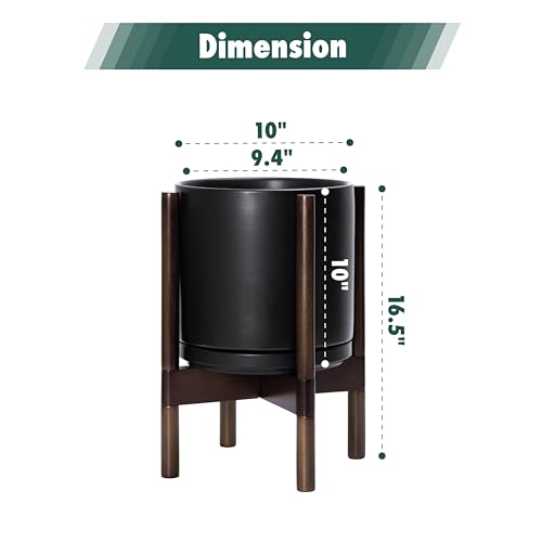 D'vine Dev Ceramic Planter with Walnut Color Stand - 10 Inch Modern Round Flower Pot with Wood Planter Holder, Black, 55-B-X-2 - Image 3