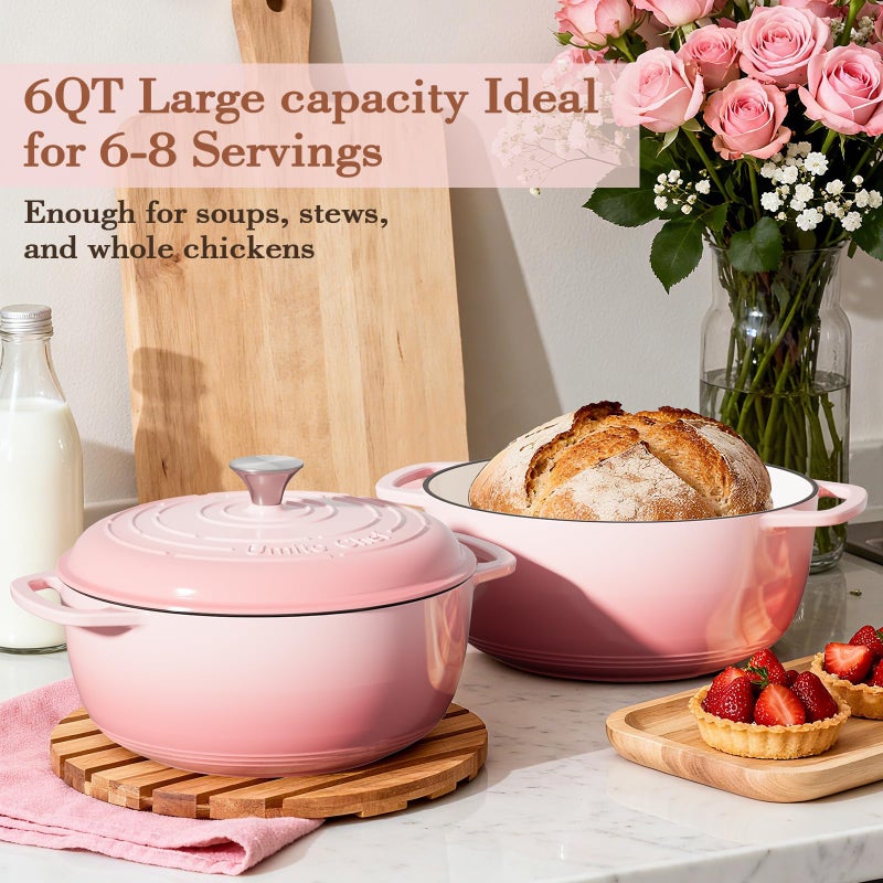 Umite Chef 6QT Enameled Cast Iron Dutch Oven with Lid, Versatile Heavy-Duty Cookware Pot for Baking Bread, Braising, Soups & Stews, Oven & Stovetop Safe with Heat Resistant Gloves(Pink) - Image 5