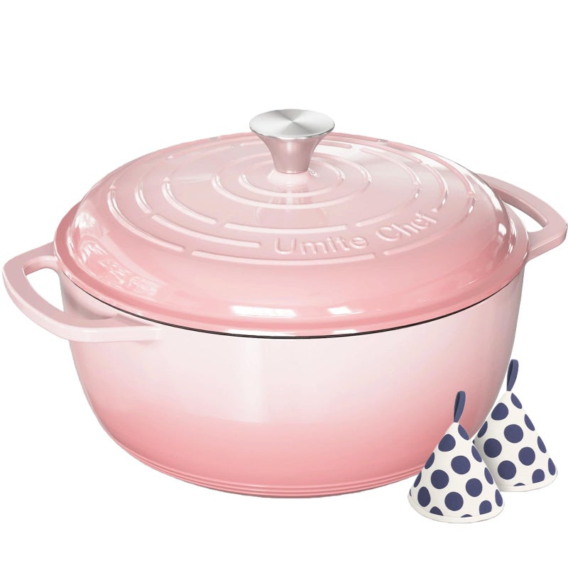 Umite Chef 6QT Enameled Cast Iron Dutch Oven with Lid, Versatile Heavy-Duty Cookware Pot for Baking Bread, Braising, Soups & Stews, Oven & Stovetop Safe with Heat Resistant Gloves(Pink) - Image 1