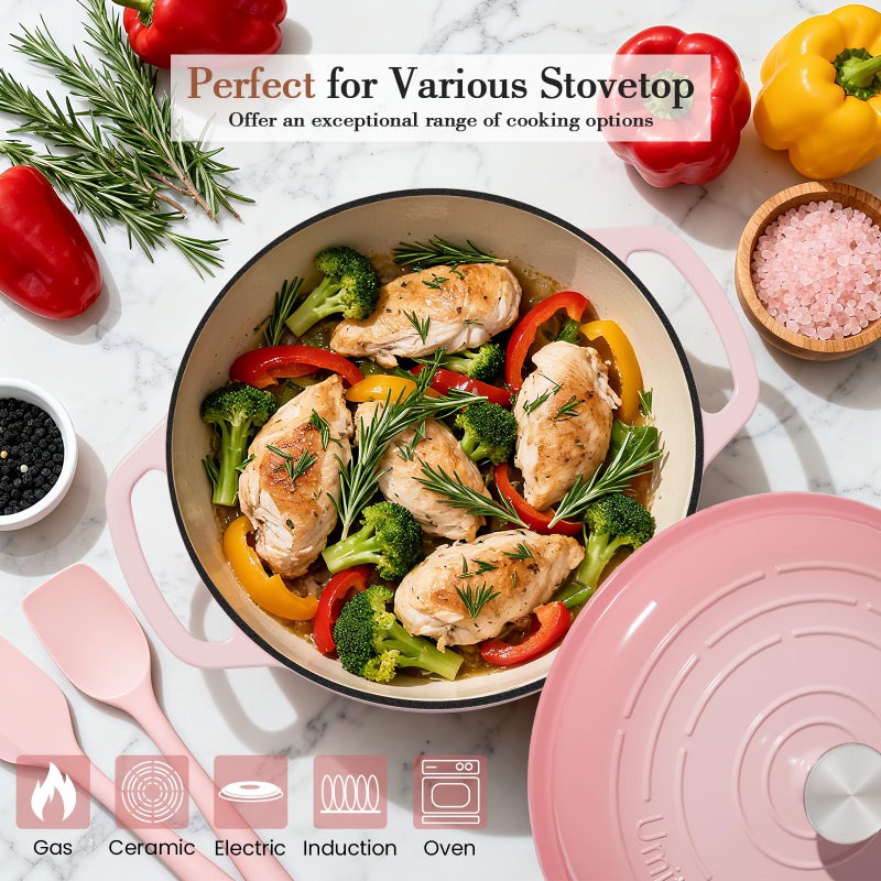 Umite Chef 6QT Enameled Cast Iron Dutch Oven with Lid, Versatile Heavy-Duty Cookware Pot for Baking Bread, Braising, Soups & Stews, Oven & Stovetop Safe with Heat Resistant Gloves(Pink) - Image 4