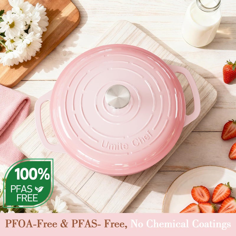 Umite Chef 6QT Enameled Cast Iron Dutch Oven with Lid, Versatile Heavy-Duty Cookware Pot for Baking Bread, Braising, Soups & Stews, Oven & Stovetop Safe with Heat Resistant Gloves(Pink) - Image 3