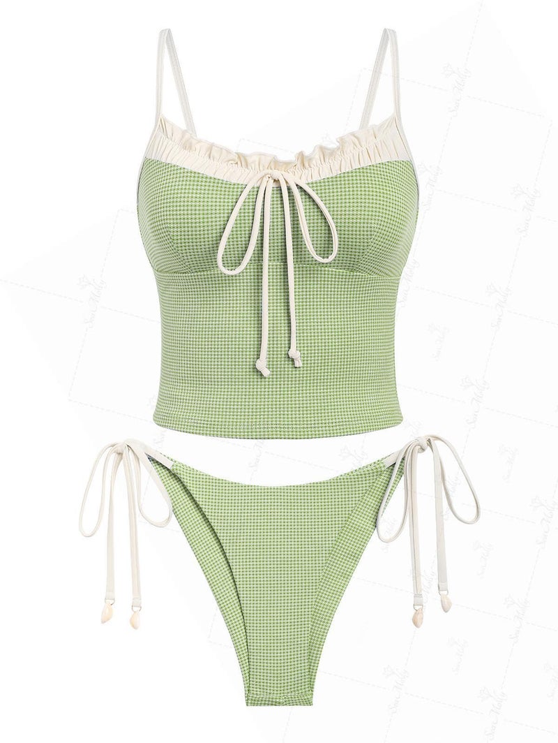 Tankini Set Gingham Lace Up Tied Back Light Green M - Image 1
