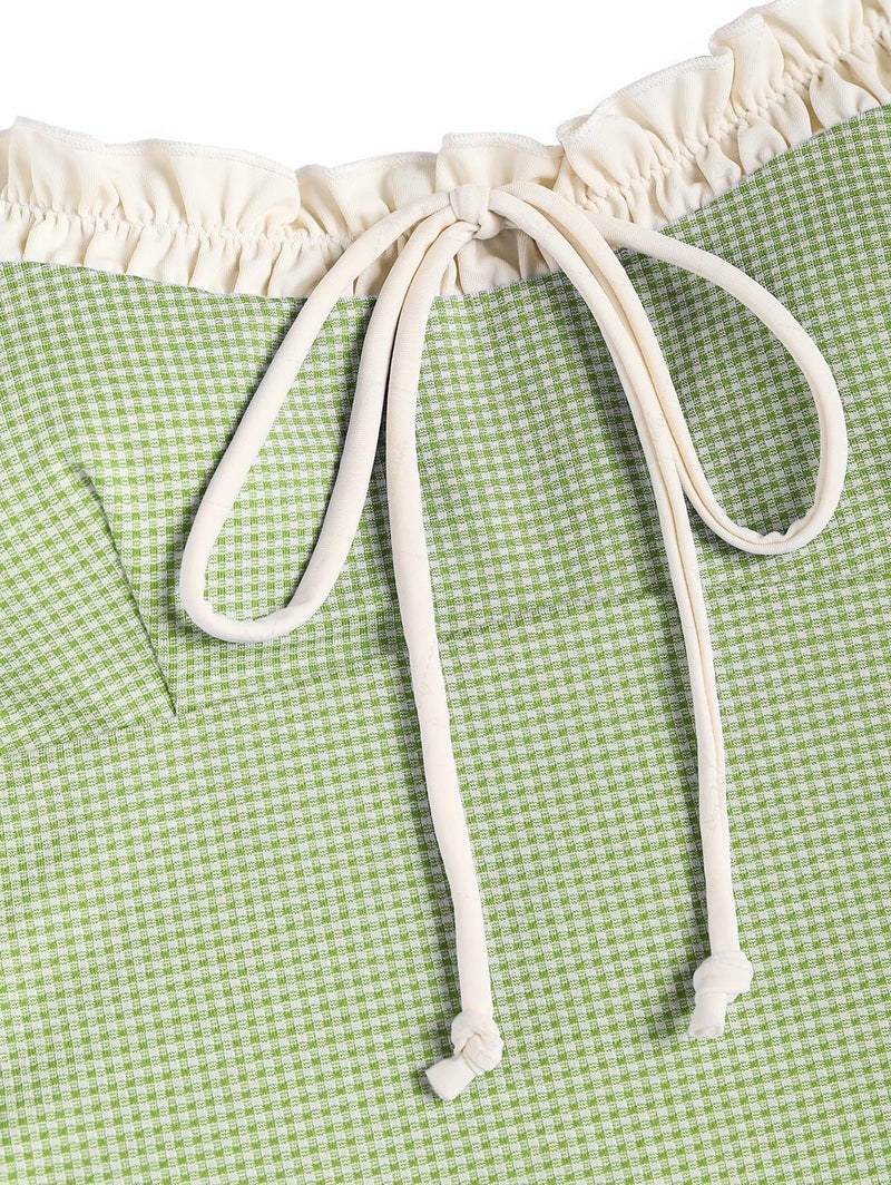 Tankini Set Gingham Lace Up Tied Back Light Green M - Image 3