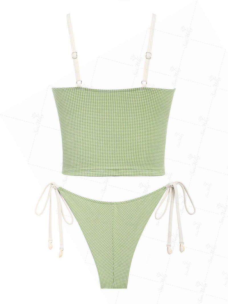 Tankini Set Gingham Lace Up Tied Back Light Green M - Image 2