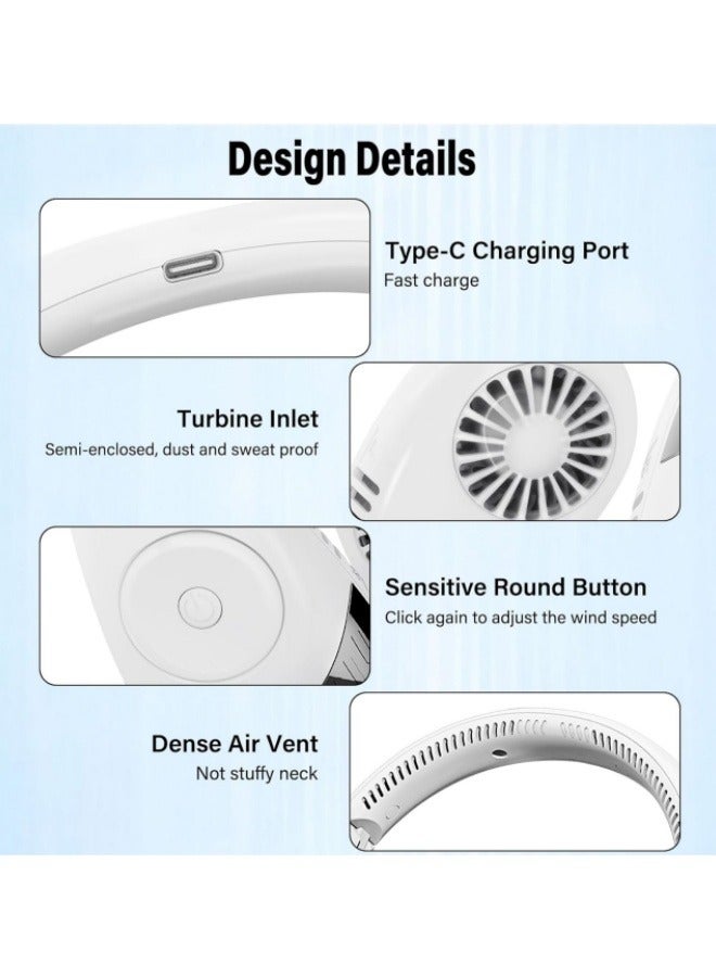 DUKASOU Portable Neck Fan, Foldable Bladeless Neck Fan Rechargeable with 5000mAh Battery, 360° Cooling Personal Fan with LED, For Travel, Outdoor, Home, Office, School, Camping (White) - Image 2