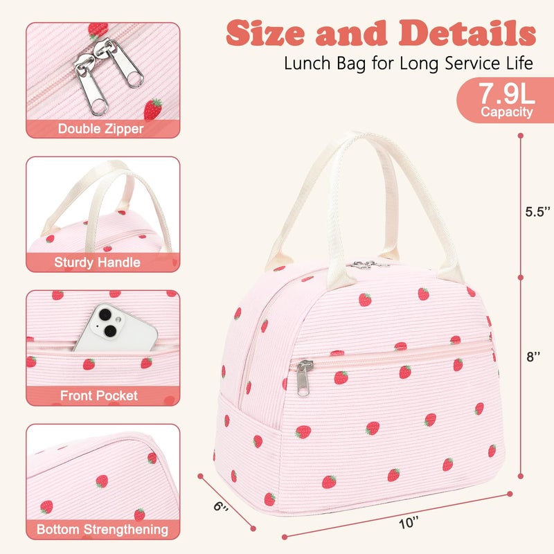 GYEUKHAM Lunch Bag for Women Men - Cute Corduroy Insulated Tote Box, Large Capacity Reusable Cooler Bag for Work, Picnic, Travel, Corduroy Strawberry Pink - Image 4