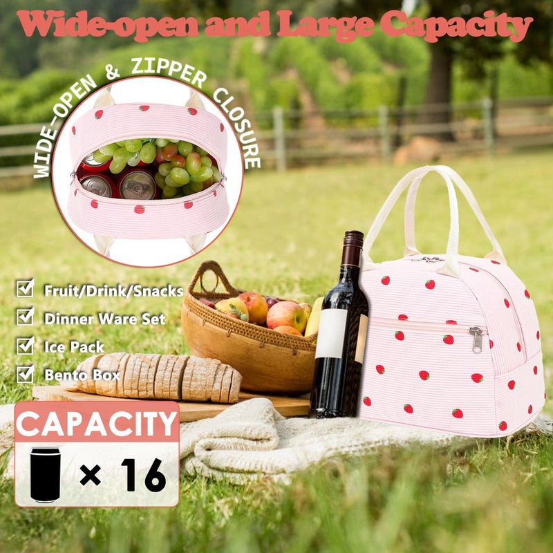 GYEUKHAM Lunch Bag for Women Men - Cute Corduroy Insulated Tote Box, Large Capacity Reusable Cooler Bag for Work, Picnic, Travel, Corduroy Strawberry Pink - Image 3