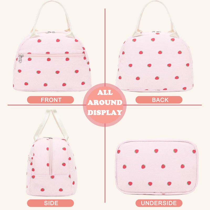 GYEUKHAM Lunch Bag for Women Men - Cute Corduroy Insulated Tote Box, Large Capacity Reusable Cooler Bag for Work, Picnic, Travel, Corduroy Strawberry Pink - Image 5