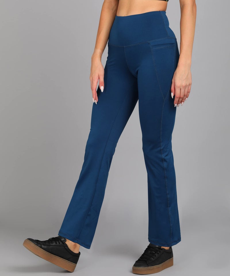 Rock Paper Scissors Premium Flare Gym Pants High Waist Stretchable Flared Leggings with Pockets Gym wear/Active Wear Tights Yoga Pants Womens Workout Tights Gym Tight Blue - Image 5