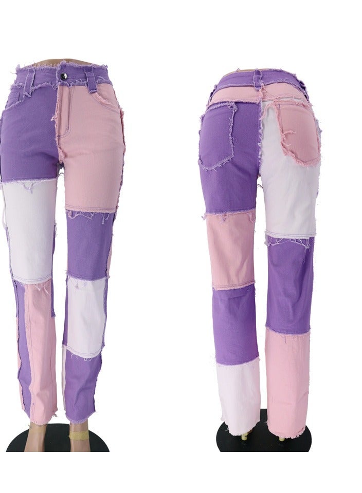 Loquat Trendy Variegated Panels, High-waisted Women's Straight-leg Denim Trousers - Image 2
