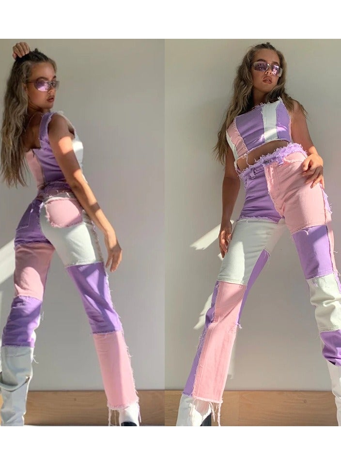 Loquat Trendy Variegated Panels, High-waisted Women's Straight-leg Denim Trousers - Image 1