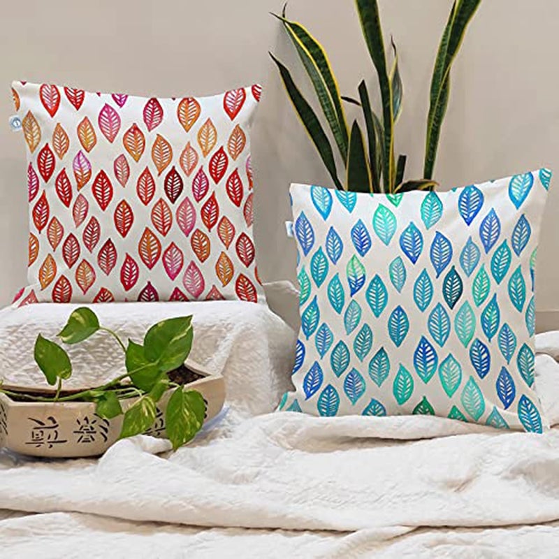 STITCHNEST Red Blue Leaf Printed Poly Cotton Cushion Covers Set of 2 24 x 24 Inches