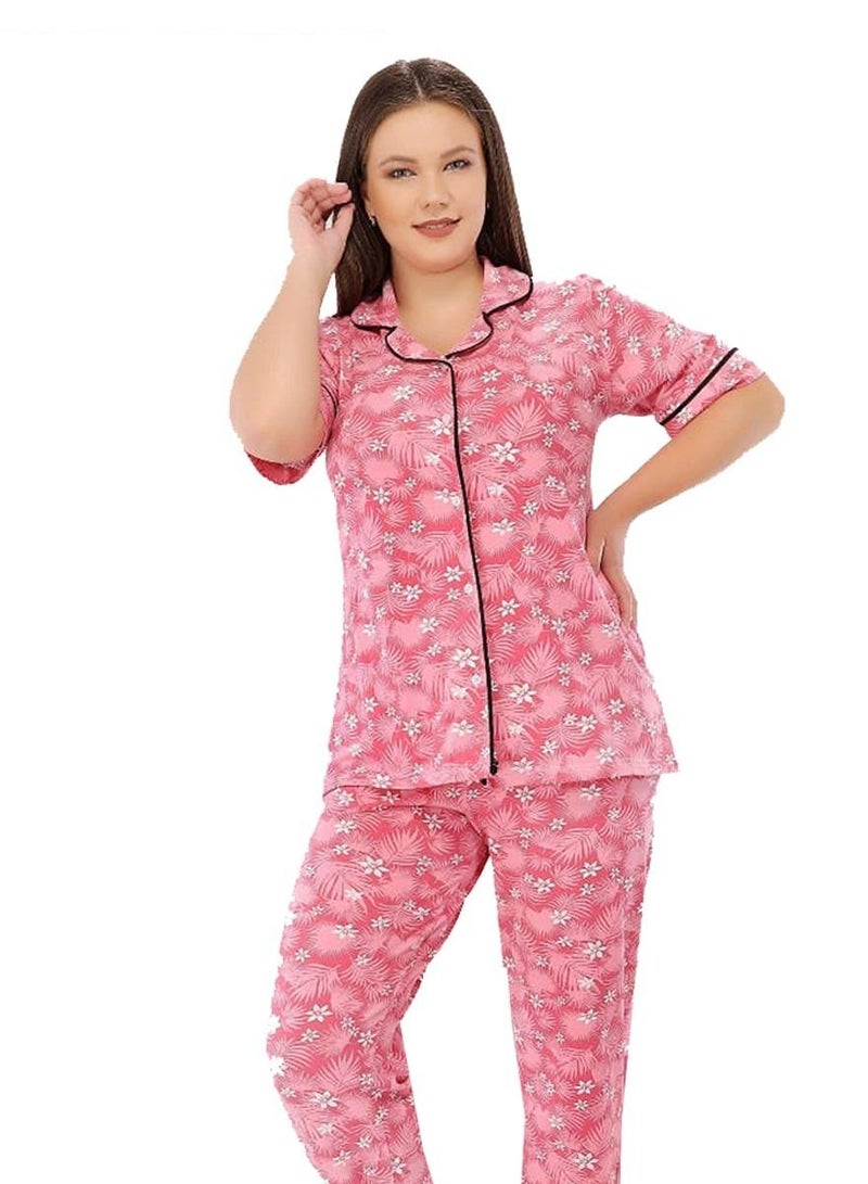 Ganna Women's short-sleeved pyjamas with buttons and summer long pants made of cotton large sizes 