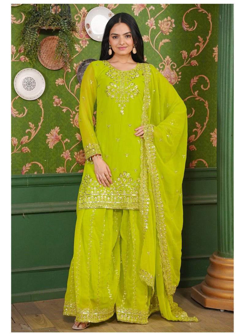 Super Asian Designer Embroidered Georgette Sharara Suit with Sequence Embroidered Work  - Image 1