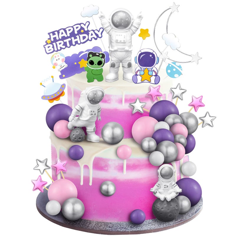 Epakh 24 Pcs Astronaut Space Cake Toppers Outer Space Cake Decorations Astronaut Figurine Birthday Party Supplies Planet Rocket Satellite Pearl Balls Stars for Baby Shower DIY ActivityPink Purple - Image 2
