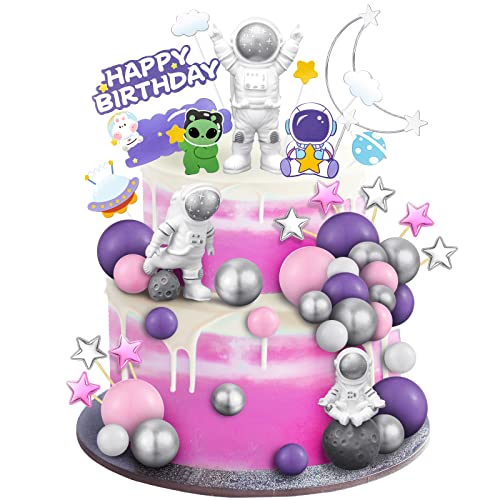 Epakh 24 Pcs Astronaut Space Cake Toppers Outer Space Cake Decorations Astronaut Figurine Birthday Party Supplies Planet Rocket Satellite Pearl Balls Stars for Baby Shower DIY ActivityPink Purple - Image 1
