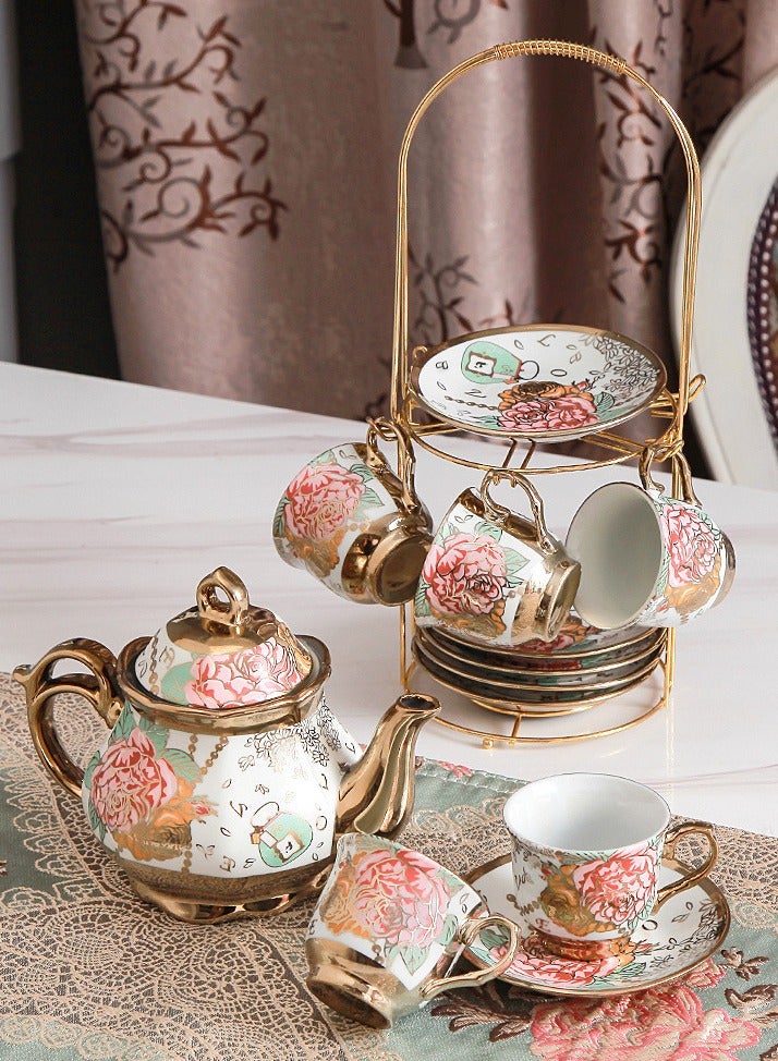 Forthcan 13-Piece Ceramic Coffee Cup and Saucer Set with Teapot, Electroplated Porcelain Afternoon Tea Set, Elegant Coffee Serving Set for Home and Gift - Image 1