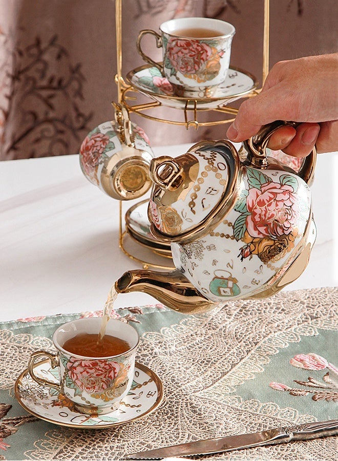 Forthcan 13-Piece Ceramic Coffee Cup and Saucer Set with Teapot, Electroplated Porcelain Afternoon Tea Set, Elegant Coffee Serving Set for Home and Gift - Image 3