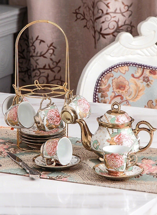 Forthcan 13-Piece Ceramic Coffee Cup and Saucer Set with Teapot, Electroplated Porcelain Afternoon Tea Set, Elegant Coffee Serving Set for Home and Gift - Image 5