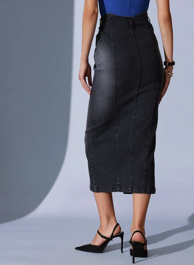 STREET 9 Grey Denim Midi Skirt for Women