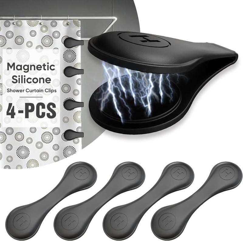 TRIMENGO 4 Pack Magnetic Silicone Shower Curtain Clips for Keeping Liner Closed to Wall Against Water Splashing Out, Self Adhesive Windproof Splash Holder, Easy to Use & Install, No Damage to Surface (Black) - Image 1