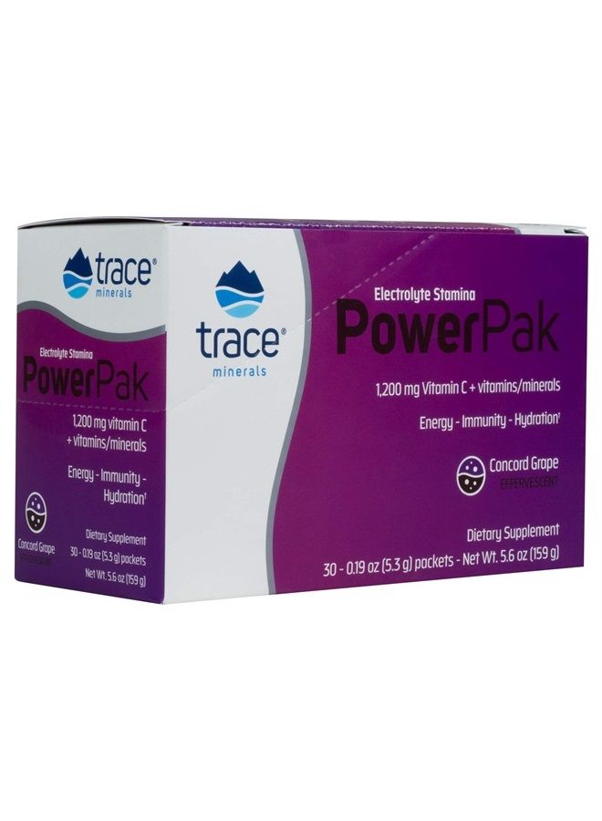 Trace Minerals Power Pak Electrolyte Powder Packets | 1200 mg Vitamin C, Zinc, Magnesium | Boost Hydration, Immunity, Energy, Muscle Stamina | Concord Grape | 30 Packets - Image 1