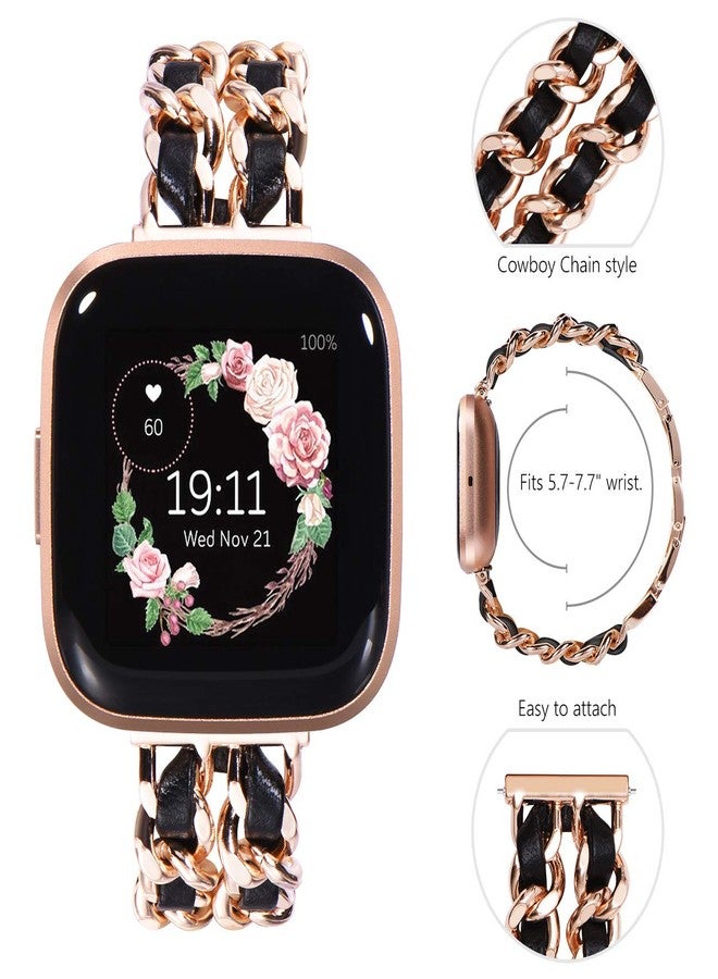 NewWays أساور NewWays متوافقة مع Fitbit Versa 2 للنساء، سوار أنيق متوافق مع Fitbit Versa/ Fitbit Versa 2/ Fitbit Versa SE ساعة ذكية، رابط وردي ذهبي مع جلد أسود - Image 5