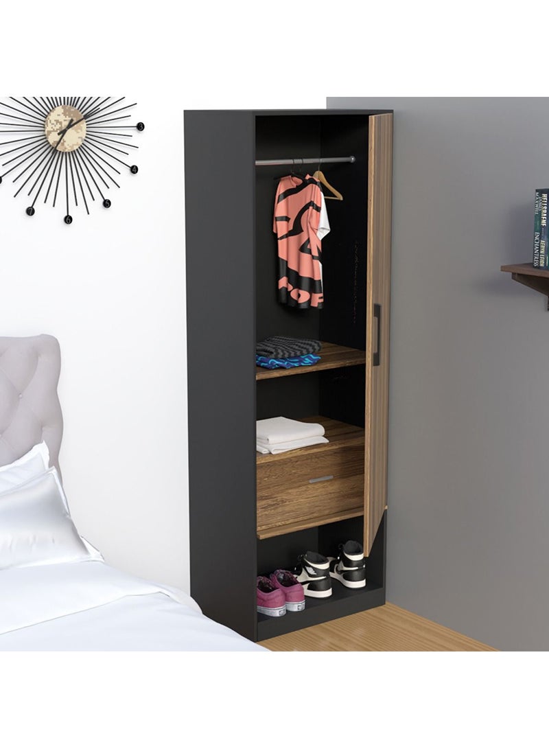 Mahmayi Mahmayi Modern Single Door Wardrobe with Open Shoe Rack, Drawer and Hanging Rods Efficient Storage Versatile Furniture for Home, Bedroom Dark Hunton Oak and Lava Grey  - Image 3