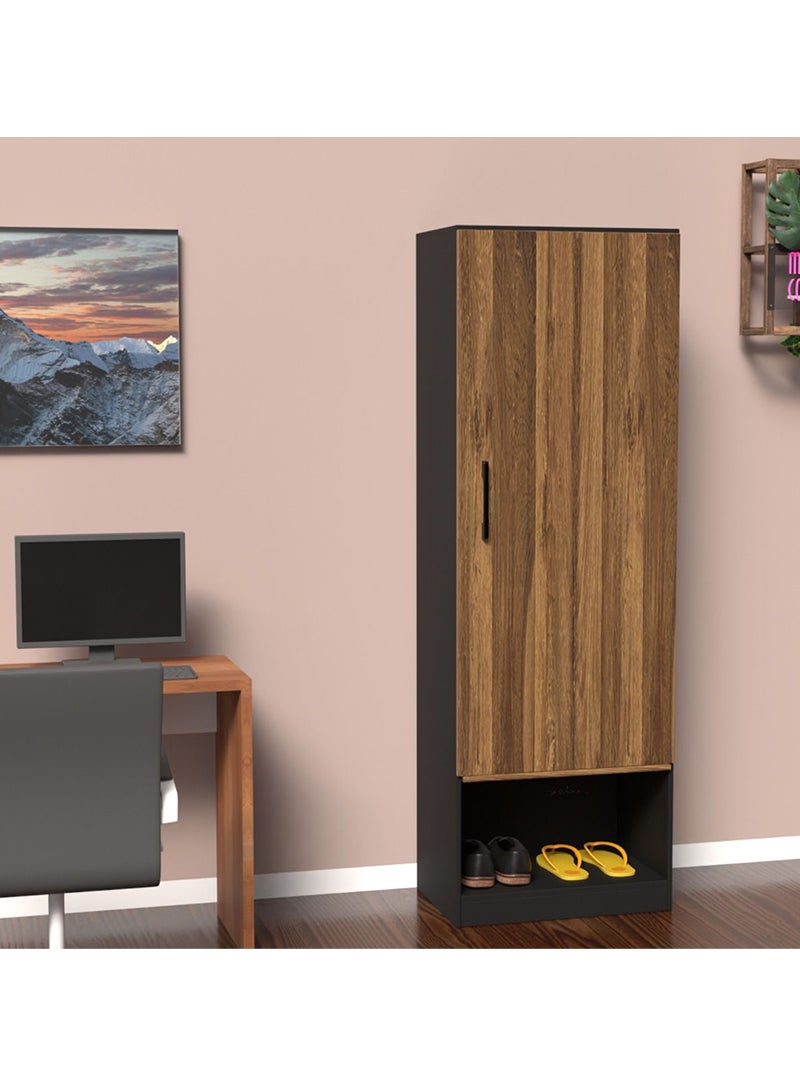 Mahmayi Mahmayi Modern Single Door Wardrobe with Open Shoe Rack, Drawer and Hanging Rods Efficient Storage Versatile Furniture for Home, Bedroom Dark Hunton Oak and Lava Grey  - Image 4