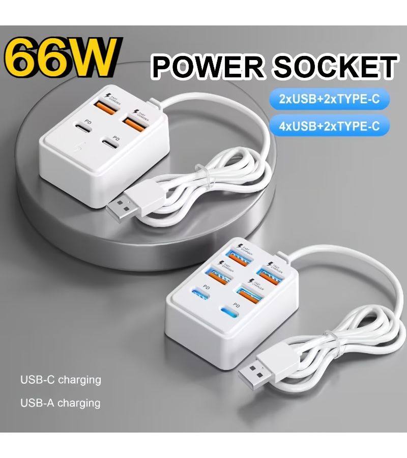 محطة شحن سريع USB بستة منافذ 66 واط PD Type C USB A، قاعدة توصيل لأجهزة اللابتوب والأجهزة اللوحية وأجهزة متعددة في مساحة العمل، محول طاقة مع تصميم مدمج وشحن عالي السرعة. - Image 3