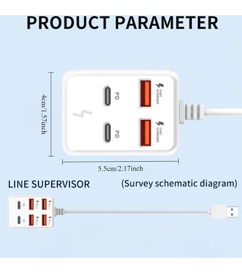 محطة شحن سريع USB بستة منافذ 66 واط PD Type C USB A، قاعدة توصيل لأجهزة اللابتوب والأجهزة اللوحية وأجهزة متعددة في مساحة العمل، محول طاقة مع تصميم مدمج وشحن عالي السرعة. - Image 2