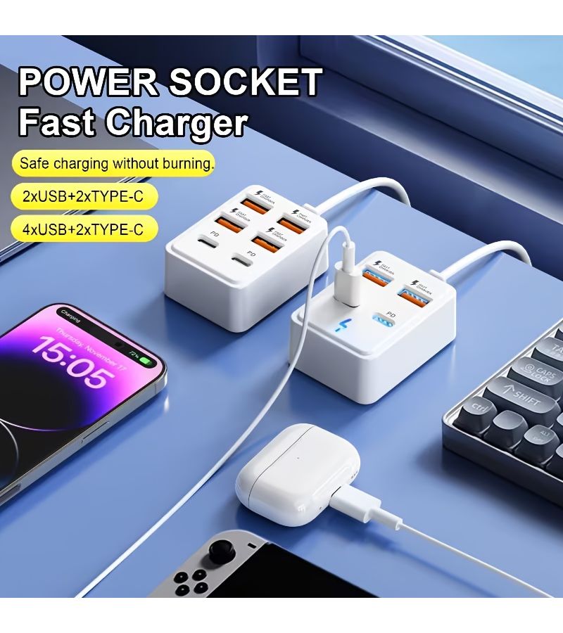 محطة شحن سريع USB بستة منافذ 66 واط PD Type C USB A، قاعدة توصيل لأجهزة اللابتوب والأجهزة اللوحية وأجهزة متعددة في مساحة العمل، محول طاقة مع تصميم مدمج وشحن عالي السرعة. - Image 5