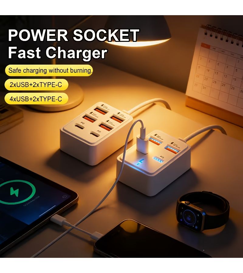 محطة شحن سريع USB بستة منافذ 66 واط PD Type C USB A، قاعدة توصيل لأجهزة اللابتوب والأجهزة اللوحية وأجهزة متعددة في مساحة العمل، محول طاقة مع تصميم مدمج وشحن عالي السرعة. - Image 1