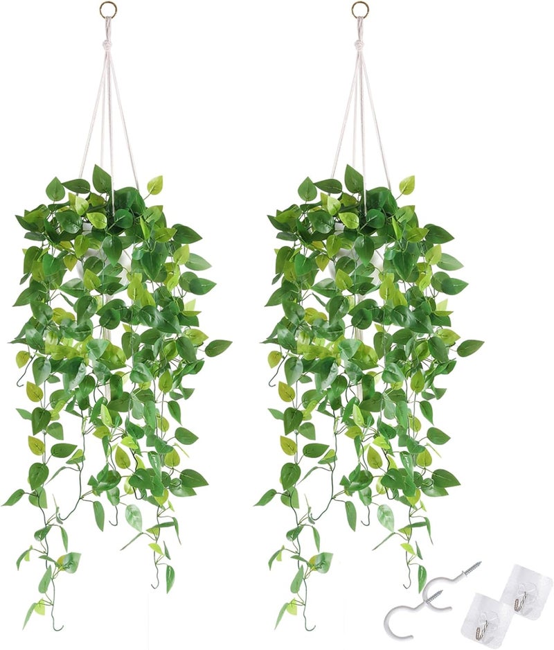 LUWENER Artificial Hanging Plants Set of 2, 50 Inches Total Length Pothos Plant with 2 Hooks Each (No-Drill & Drill), Fake Hanging Plants Indoor for Bathroom Home Kitchen Office Decor - Image 1