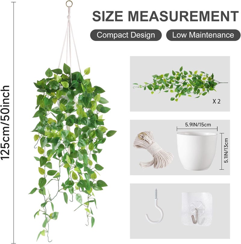 LUWENER Artificial Hanging Plants Set of 2, 50 Inches Total Length Pothos Plant with 2 Hooks Each (No-Drill & Drill), Fake Hanging Plants Indoor for Bathroom Home Kitchen Office Decor - Image 3