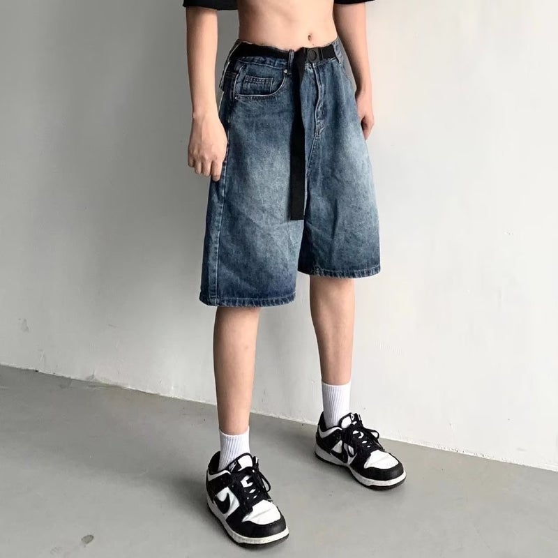 Summer American-style Belt Denim Shorts Street Design Sense Thin High-Street Over-the-knee All-match Casual Pants Trendy Blue 