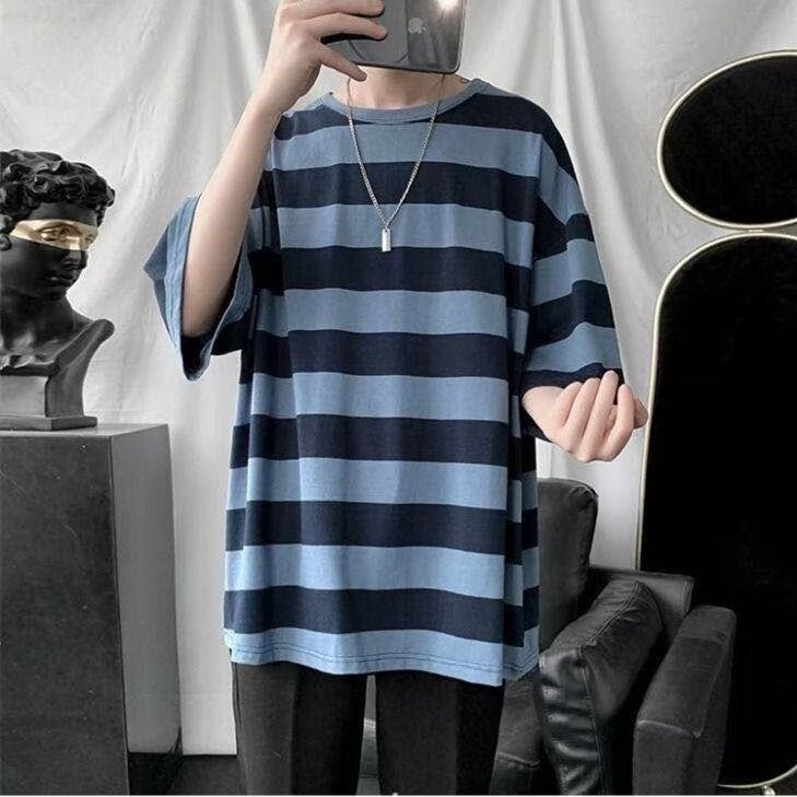 Summer Striped T-Shirt Men'S All-Match Korean-Style Fashionable Handsome Students Hong Kong-Style Loose Trendy Round Neck Five-Point Short-Sleeve Top - Image 1
