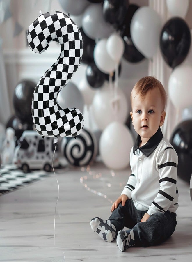 Eoopoon 42 Inch Checkered Number Balloon 2, 2nd Race Car Birthday Party Supplies for Boys Girls, Large Black and White Number 2 Balloon Party Decorations (Checkered 2) - Image 2