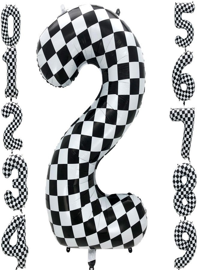 Eoopoon 42 Inch Checkered Number Balloon 2, 2nd Race Car Birthday Party Supplies for Boys Girls, Large Black and White Number 2 Balloon Party Decorations (Checkered 2) - Image 1
