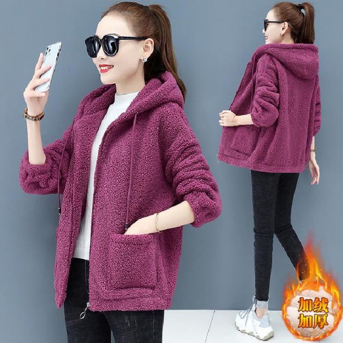 Large size lamb fleece sweater women plus velvet padded 2022 autumn and winter loose Korean zipper warm cardigan coat trendy Burgundy 