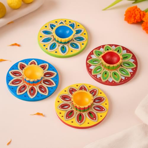 itsy-bitsy Itsy Bitsy DIY Paint & Decorate Lippan Art Diya Holder Kit | 4 Clay Diyas with 4 MDF Bases | Traditional Mirror & Diamond Craft Set for Handmade Diwali Festive Décor Gift - Image 4