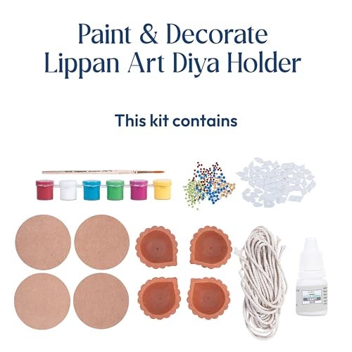 itsy-bitsy Itsy Bitsy DIY Paint & Decorate Lippan Art Diya Holder Kit | 4 Clay Diyas with 4 MDF Bases | Traditional Mirror & Diamond Craft Set for Handmade Diwali Festive Décor Gift - Image 2