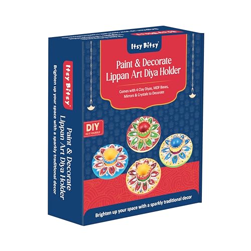 itsy-bitsy Itsy Bitsy DIY Paint & Decorate Lippan Art Diya Holder Kit | 4 Clay Diyas with 4 MDF Bases | Traditional Mirror & Diamond Craft Set for Handmade Diwali Festive Décor Gift - Image 1