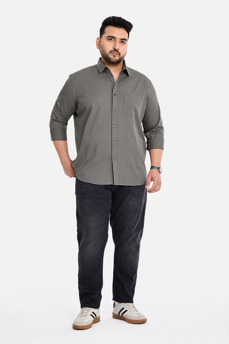 SNITCH Dark Grey Solid Long Sleeve Regular Fit Casual Plus Size Shirt
