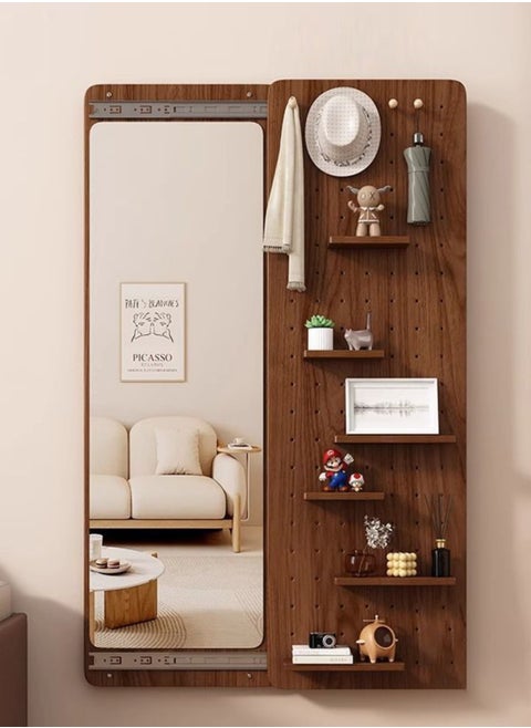 Wall Full Length Mirror, Hidden Sliding Mirror Wood Wall Mounted Mirror Body Wall Mirror with Wood Pegboard and Shelf Wooden Organizer for Entryway, Living Room, Bedroom, 40*120cm